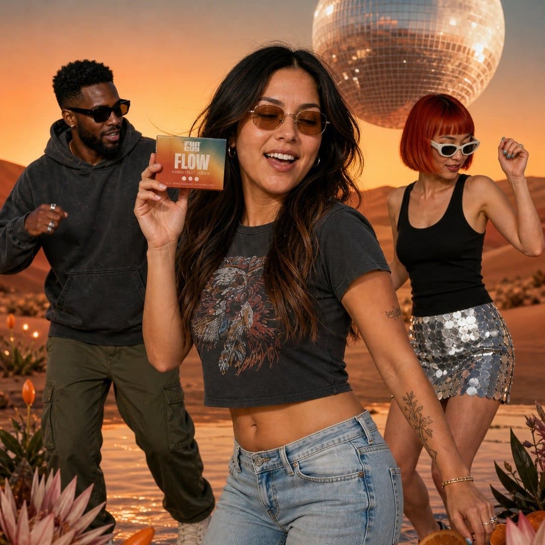 Dani dancing on the dunes with Marcus and Suki, holding the Flow box