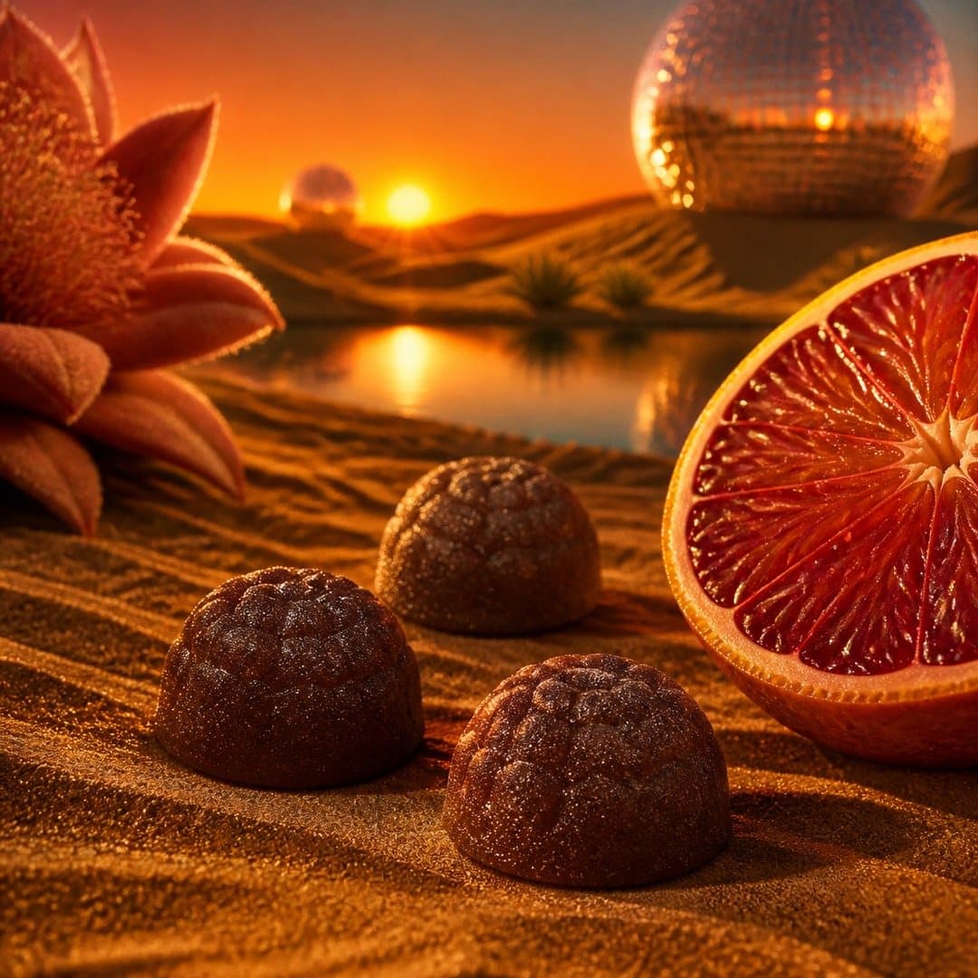 Flow kanna fruit chews on sand beside a halved blood orange at sunset