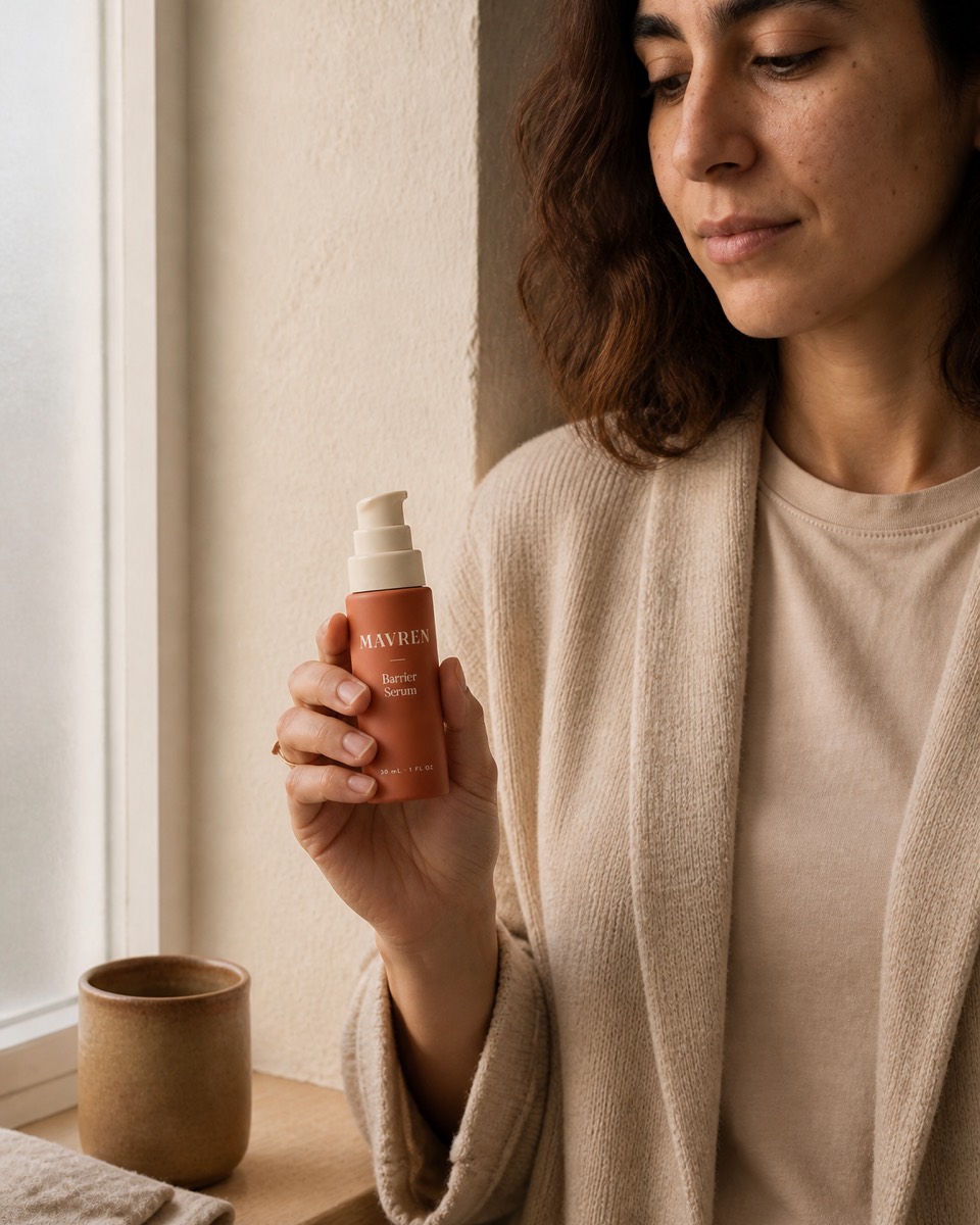 A woman holding the serum bottle in soft window light