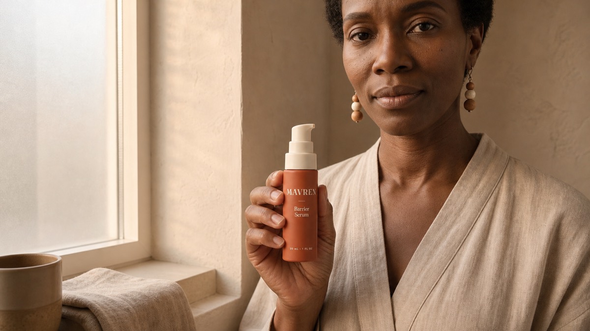 A woman holding the same serum bottle by a window, in the same warm light