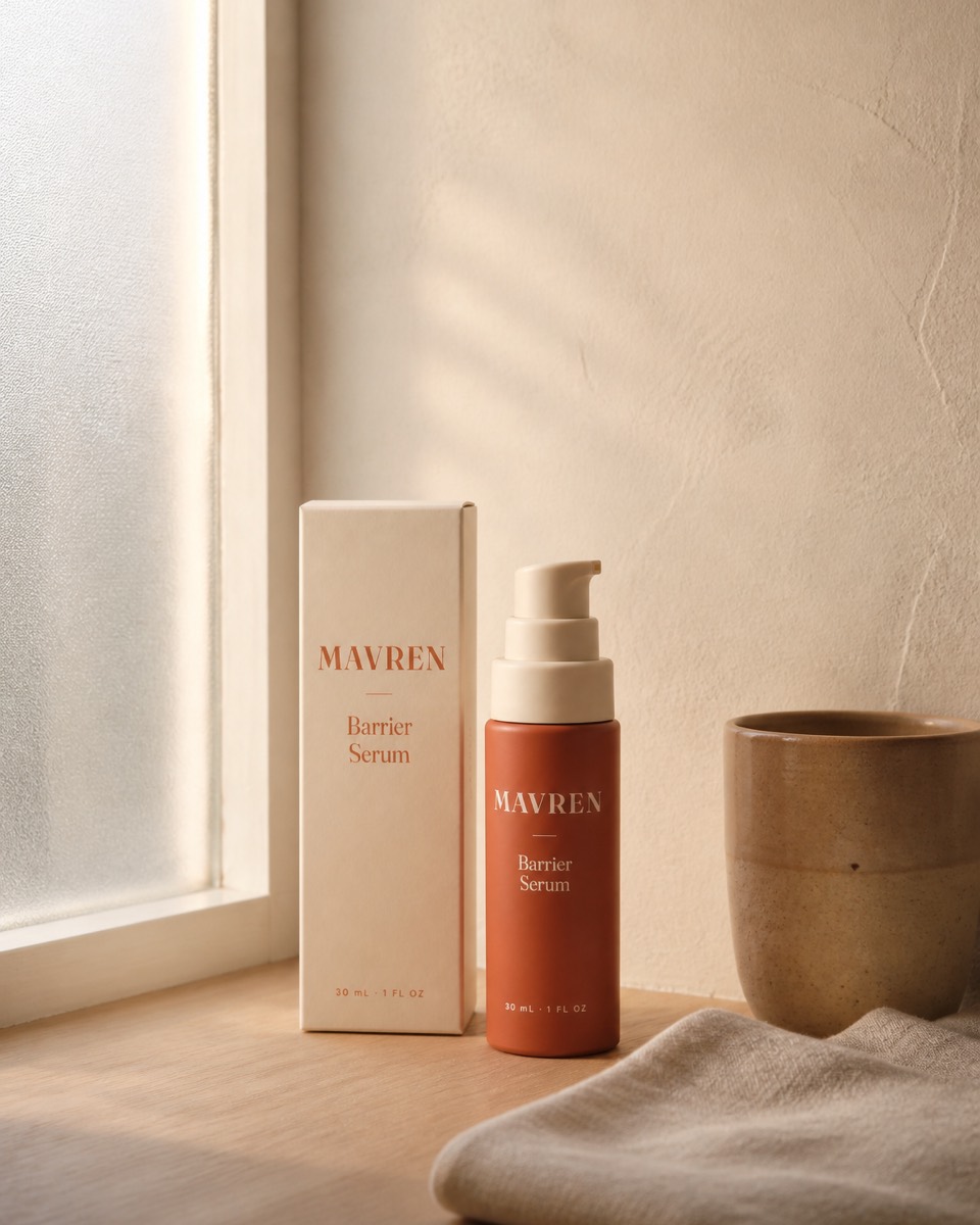 The serum bottle beside its box on a windowsill, styled as a social post