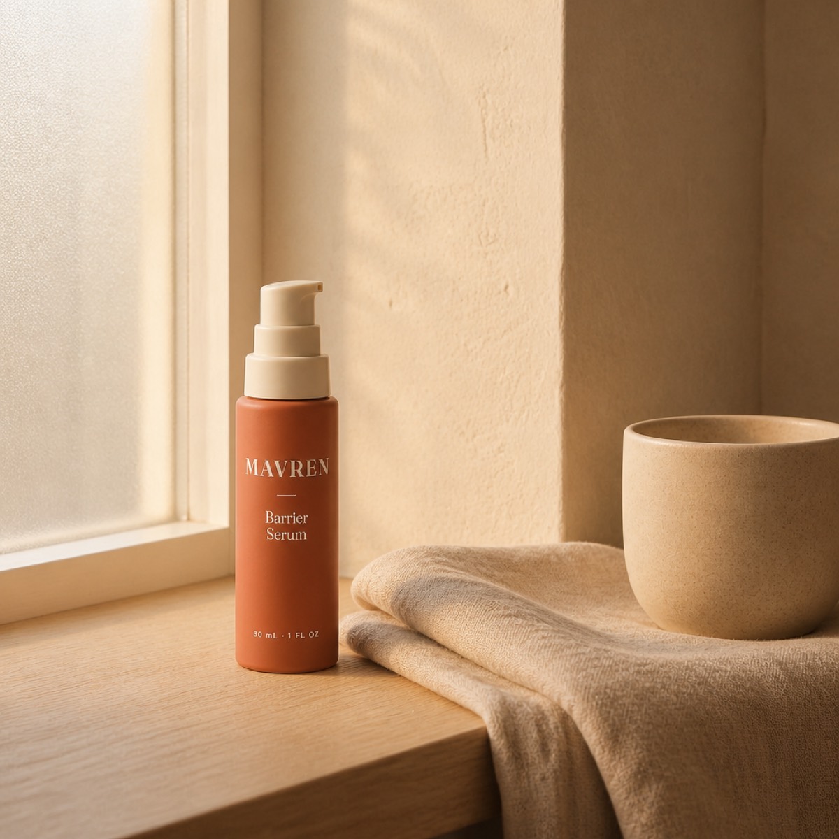 The same serum bottle on a sunlit windowsill beside a cup and a folded towel